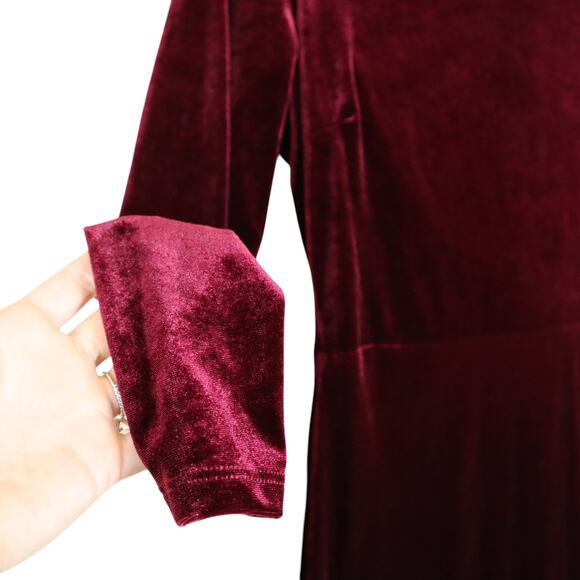 Rebecca B Womens Red Velvet Maxi Dress Size 12 Elegant Open Drape Back Leg Slit - Picture 7 of 13